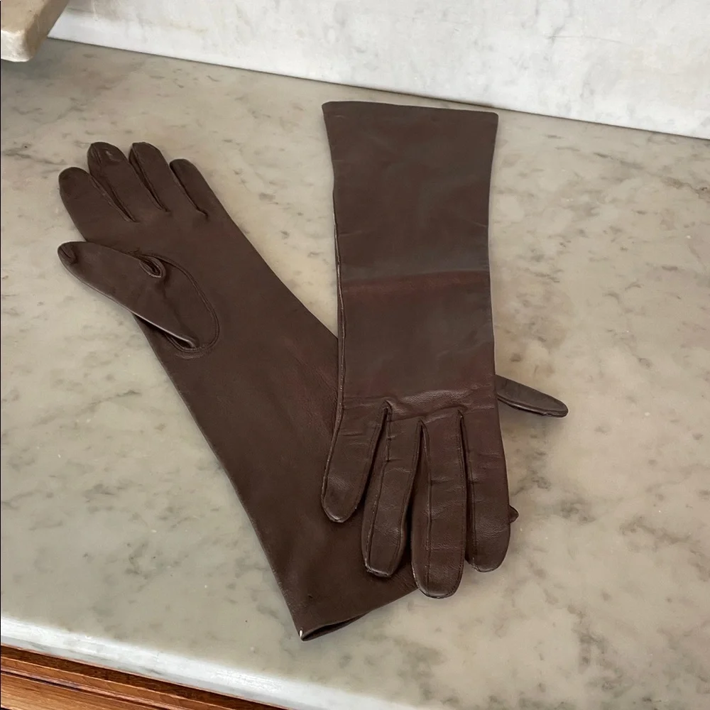 CABRETTA Silk Lined Opera Length Elegant Brown Leather Gloves 6 1/2